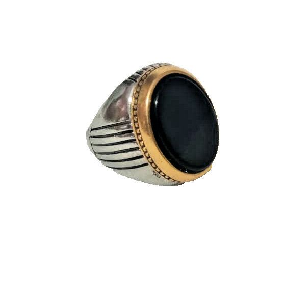 Men’s Vintage Style Black Stone Ring, Size 20, Metal Band, Fashion Jewelry