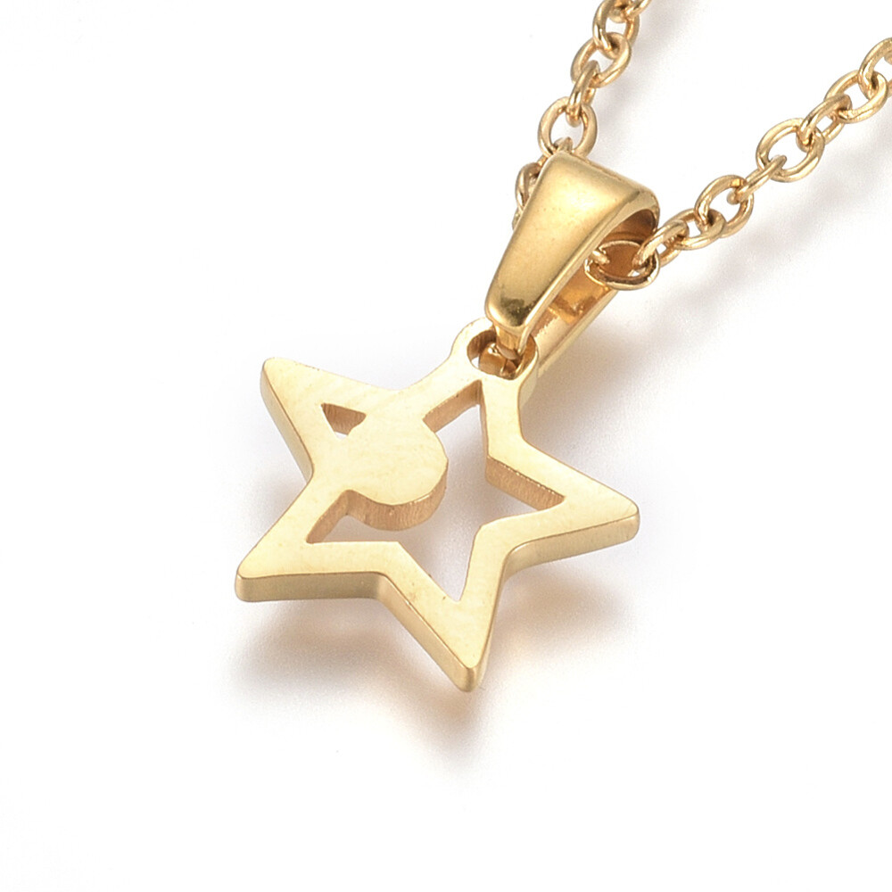 Stainless Steel Pendant Necklace Zirconia Chain Lobster Star Gold 17.5″ A222