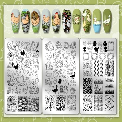 3pcs Chickens Ducks Nail Stamp Plate Farm Theme Print Art Template Stainless