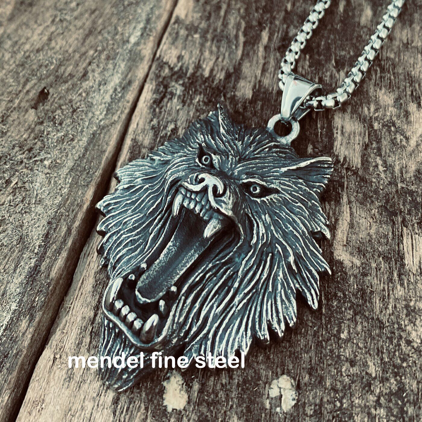 MENDEL Mens Stainless Steel Viking Fenrir Wolf Head Pendant Necklace Men Silver