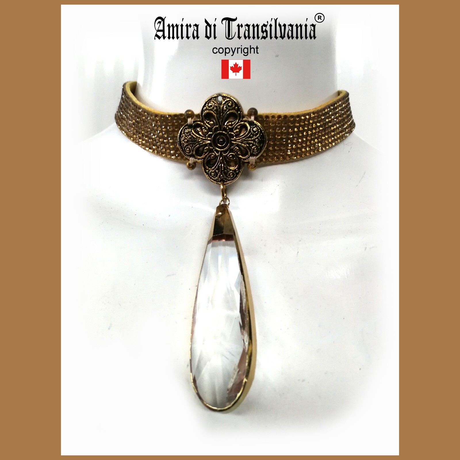 jewelry woman choker necklace collar medallion cameo crystal strass pendant gold