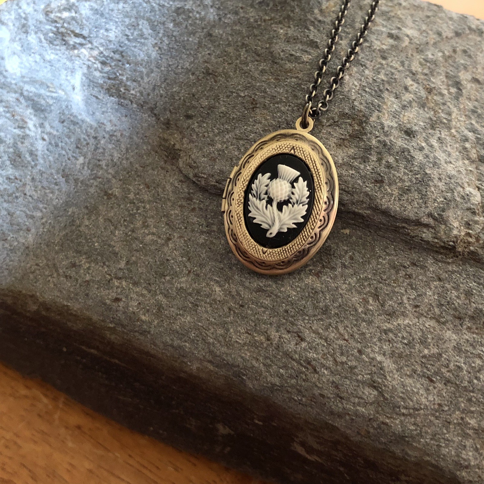 Thistle Cameo Locket Necklace, Scottish, Scotland National Emblem, Celtic, Brass