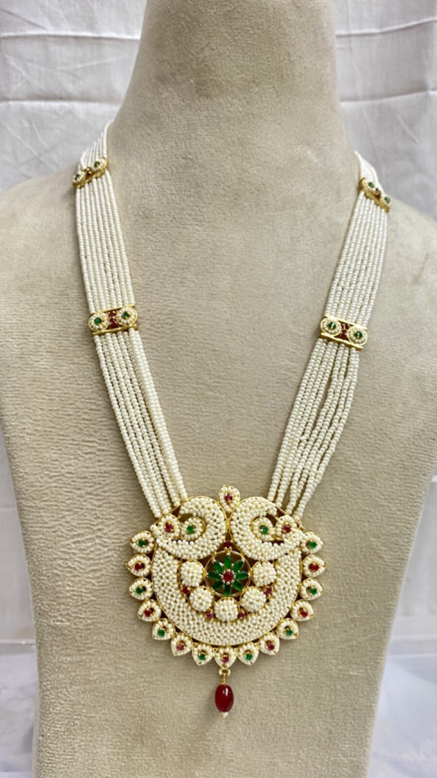 Indian Ruby Emerald Pearl Necklace Set Bridal Jewelry long Wedding Party Wear