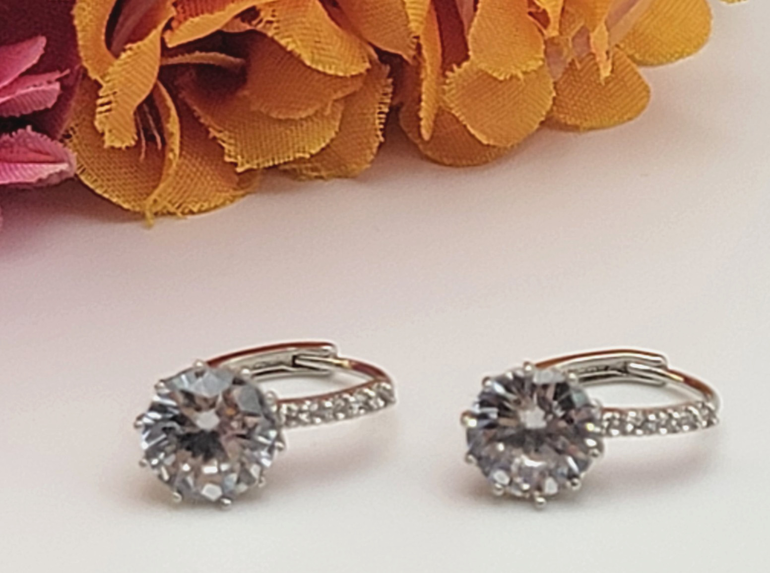 Vintage 9.8mm Clear CZ Drop Earrings Rhodium Plated Huggie-Style Snap Closure