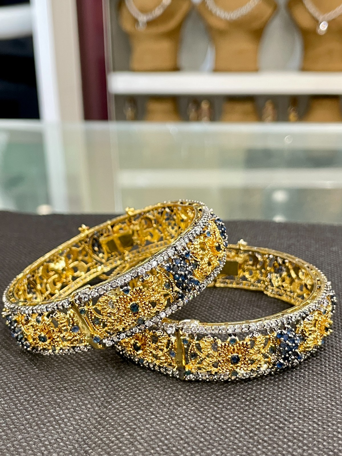 2 Pc Adjustable Gold Oxidized Blue Stone Bangles Pakistani Bridal Jewelry