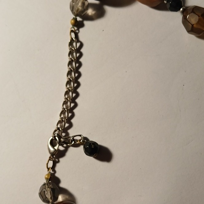 Statement beaded necklace with stone glass brown white black clear beads, lobst…