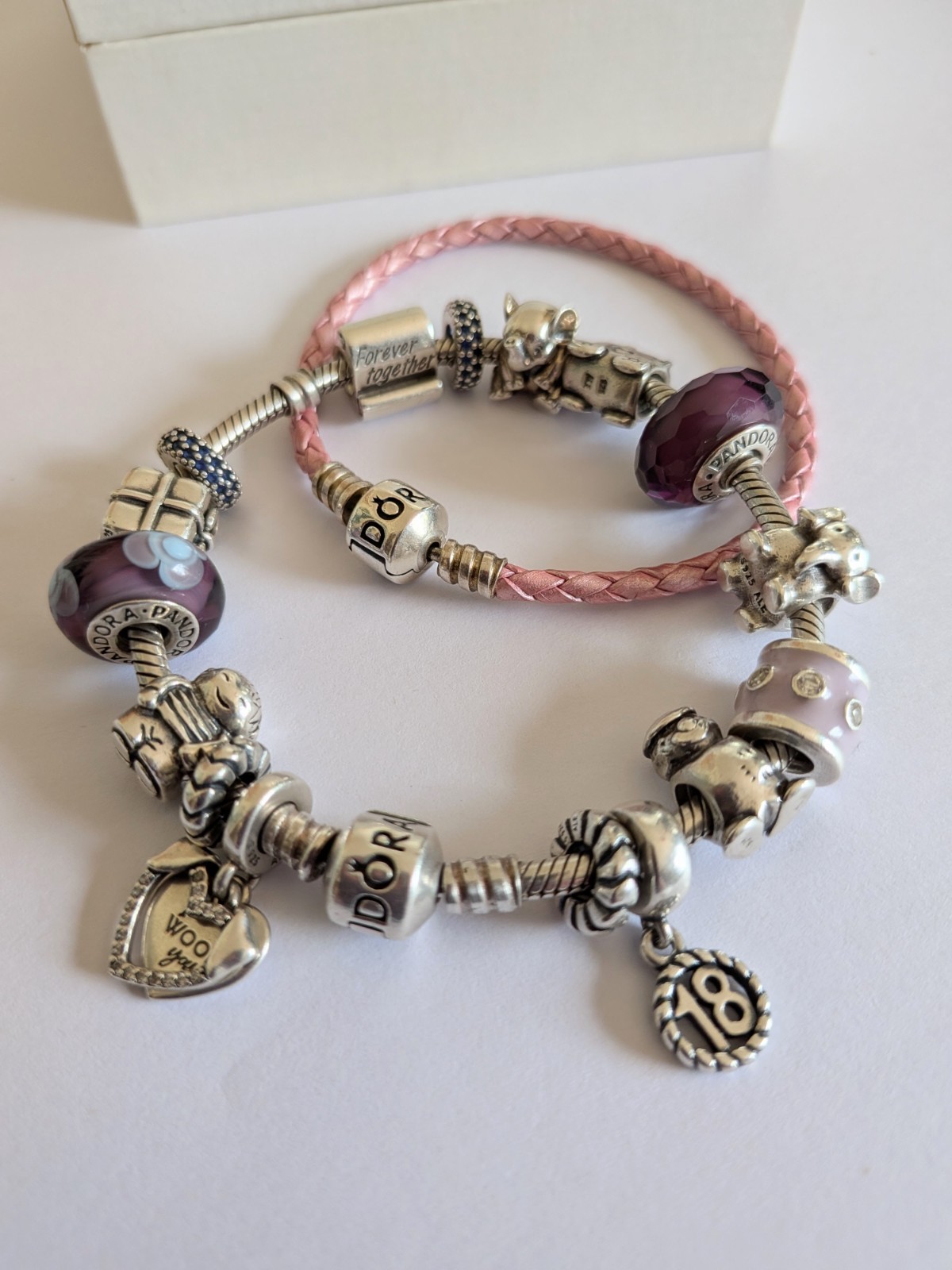 PANDORA Sterling Silver Moments Bracelet – 16 charms and pink leather bracelet