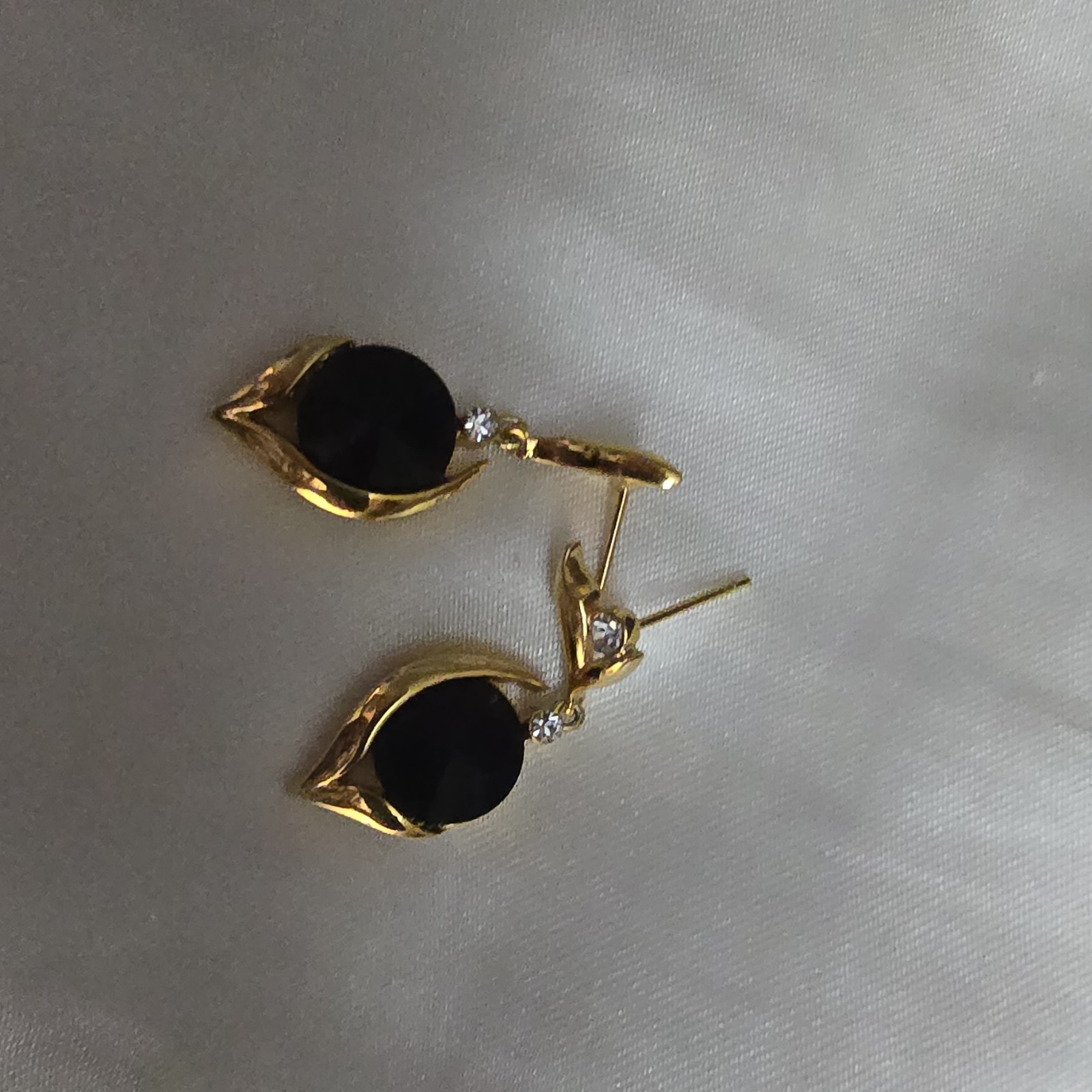 Gold Tone Black Onyx Teardrop Dangle Drop Earrings Crystal Accents Butterfly