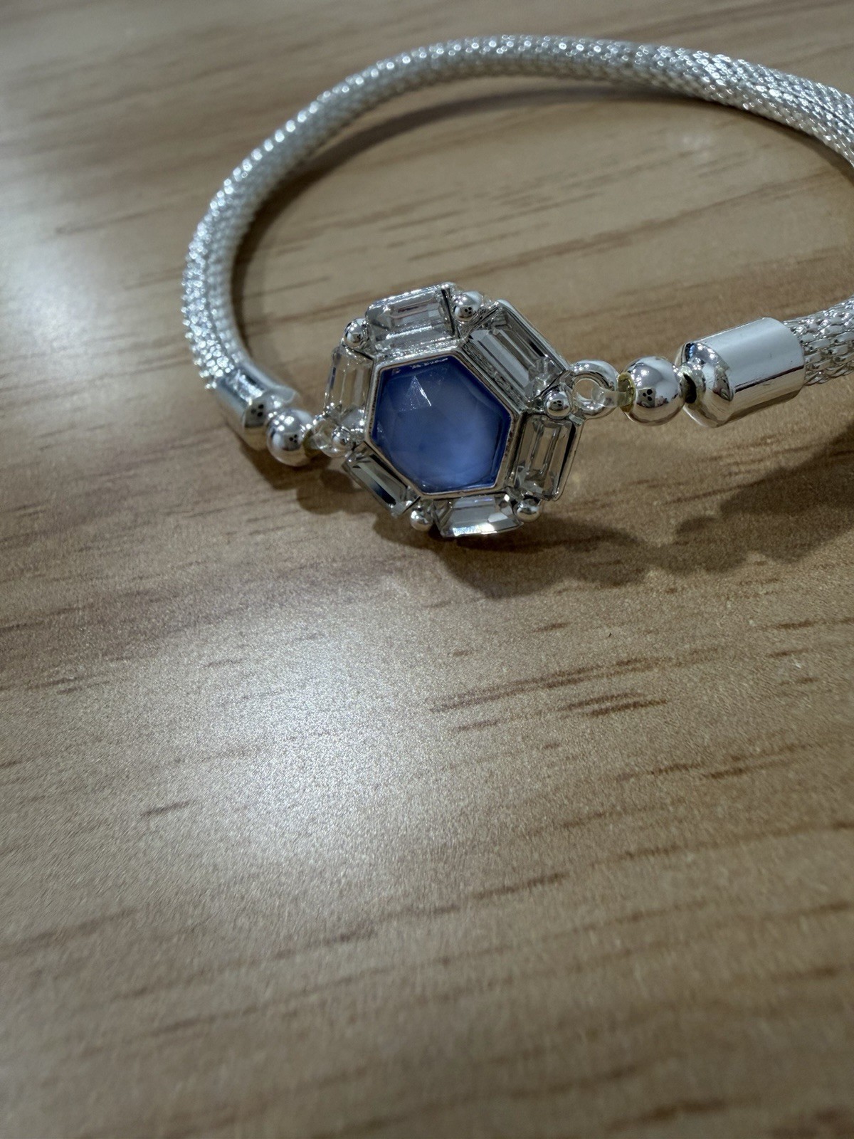 Silver-Tone Metal Mesh Bangle Bracelet with Blue Hexagon Stone