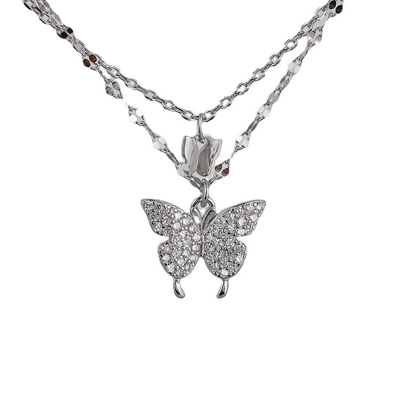 Solid S999 Silver Butterfly Necklace Double Layer Zircon Pendant Clavicle Chain