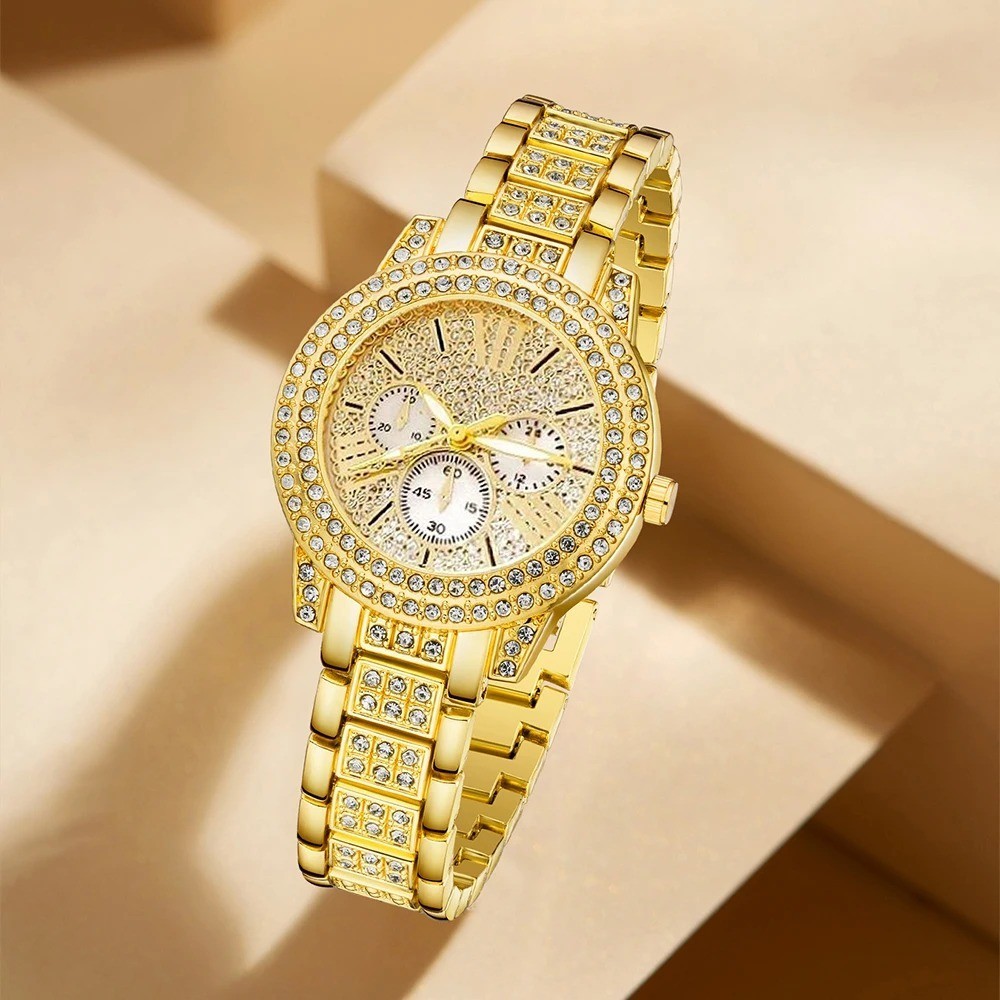 Women Quartz Watch Jewelry Set Gold Ring Necklace Earrings Rhinestone Gift USA