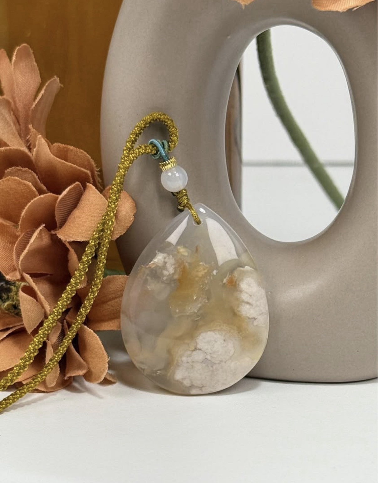 Flower Agate Yellow Pendant Necklace 43.6/9.3MM on Adjustable Nylon