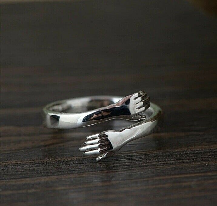 Silver 925 HUGGING HANDS Adjustable Ring One Size