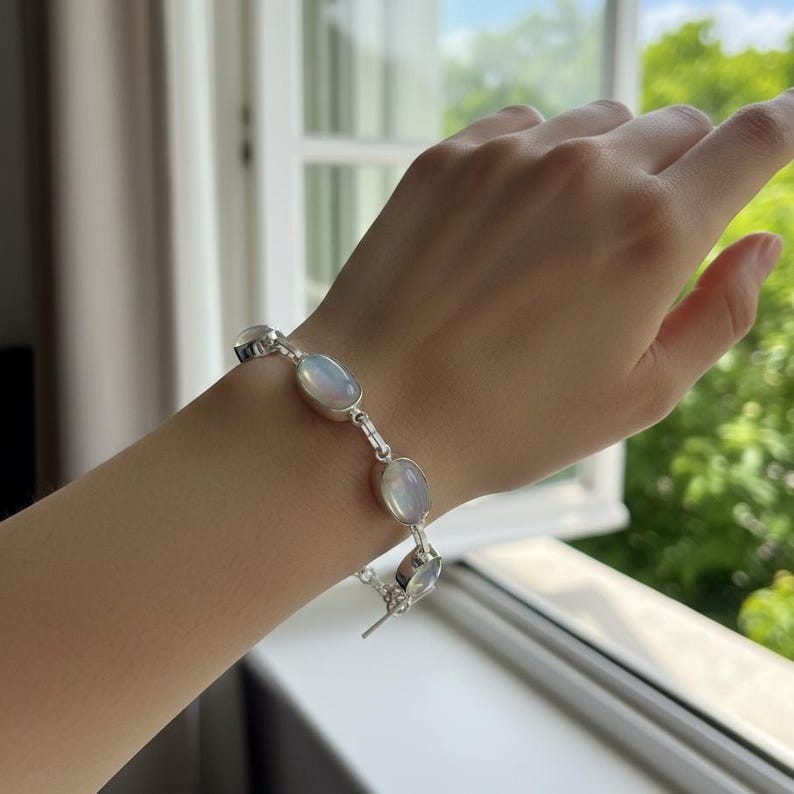 Rainbow Moonstone Link Bracelet for Women, Oval Cabochon Flashy Gemstones