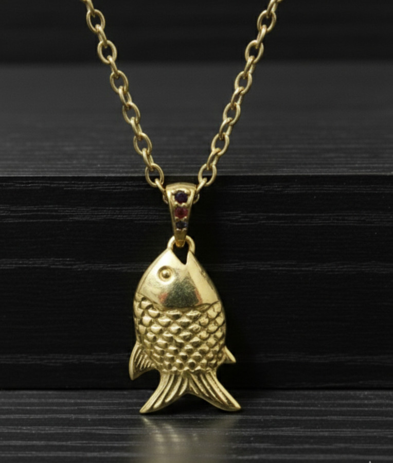 Elegant Look Pure Brass Unique Fish Gold Color Design Pendent Comes With Chain.
