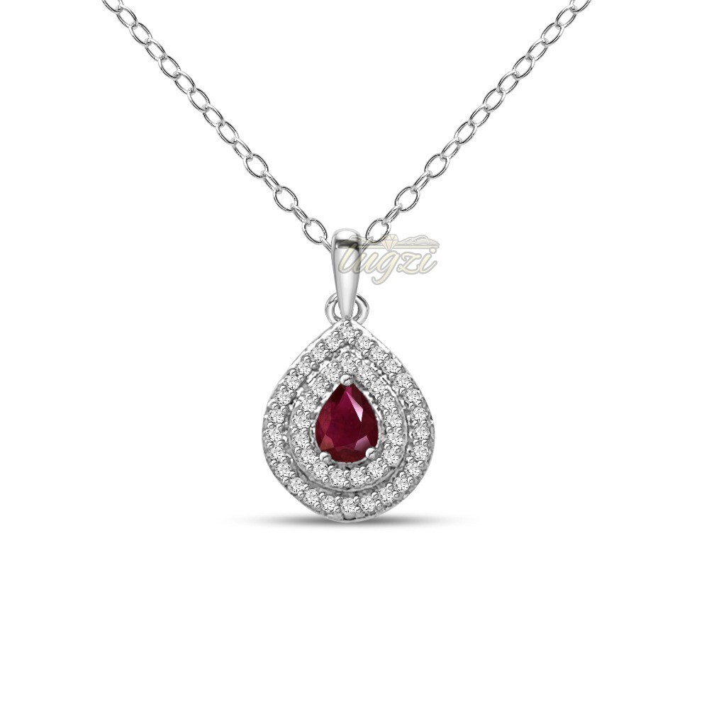 🔥$499-💥1.50CT Natural Ruby & White Topaz Halo Pendant Necklace🔥 SS/14K PL 925