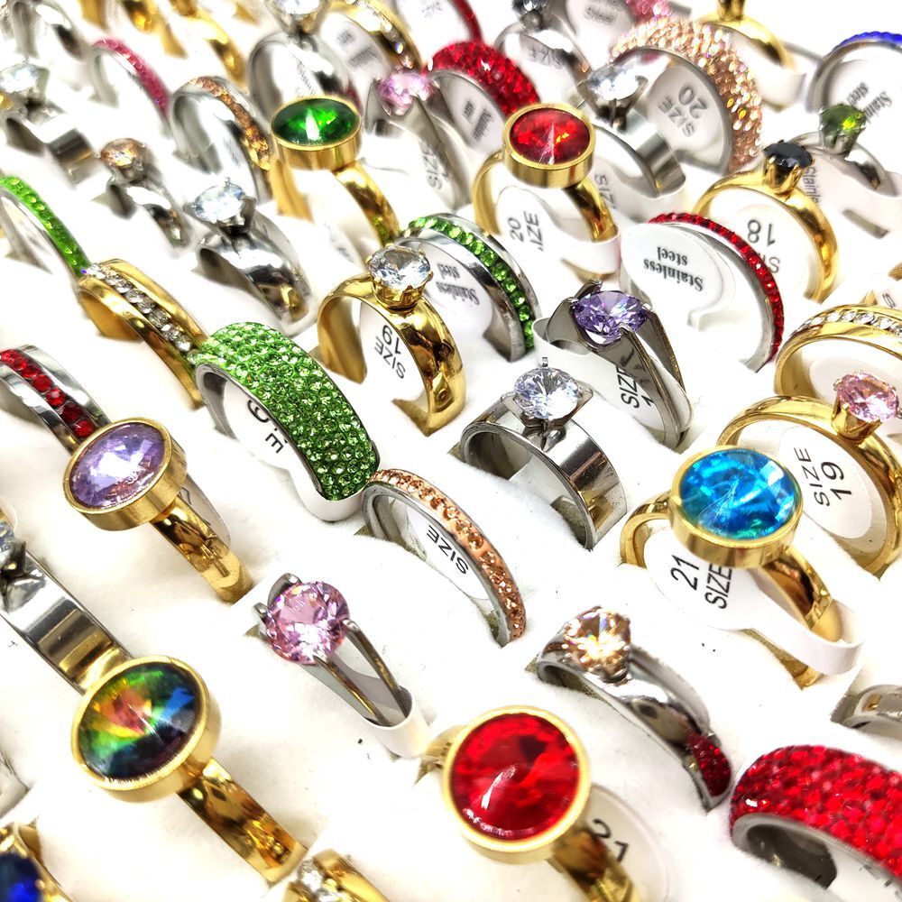 Bulk lots 50pcs Luxury Exquisite Multi-Color Zircon Stainless Steel Wedding Ring