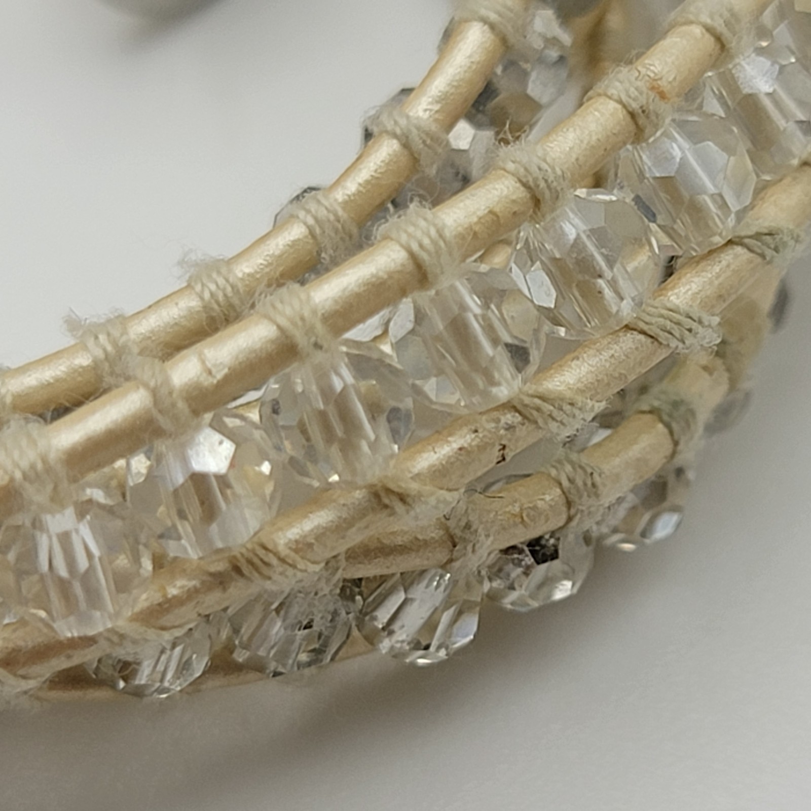 Victoria Emerson White Crystal Wrap Bracelet, Beige Leather Cord, 34″ Toggle
