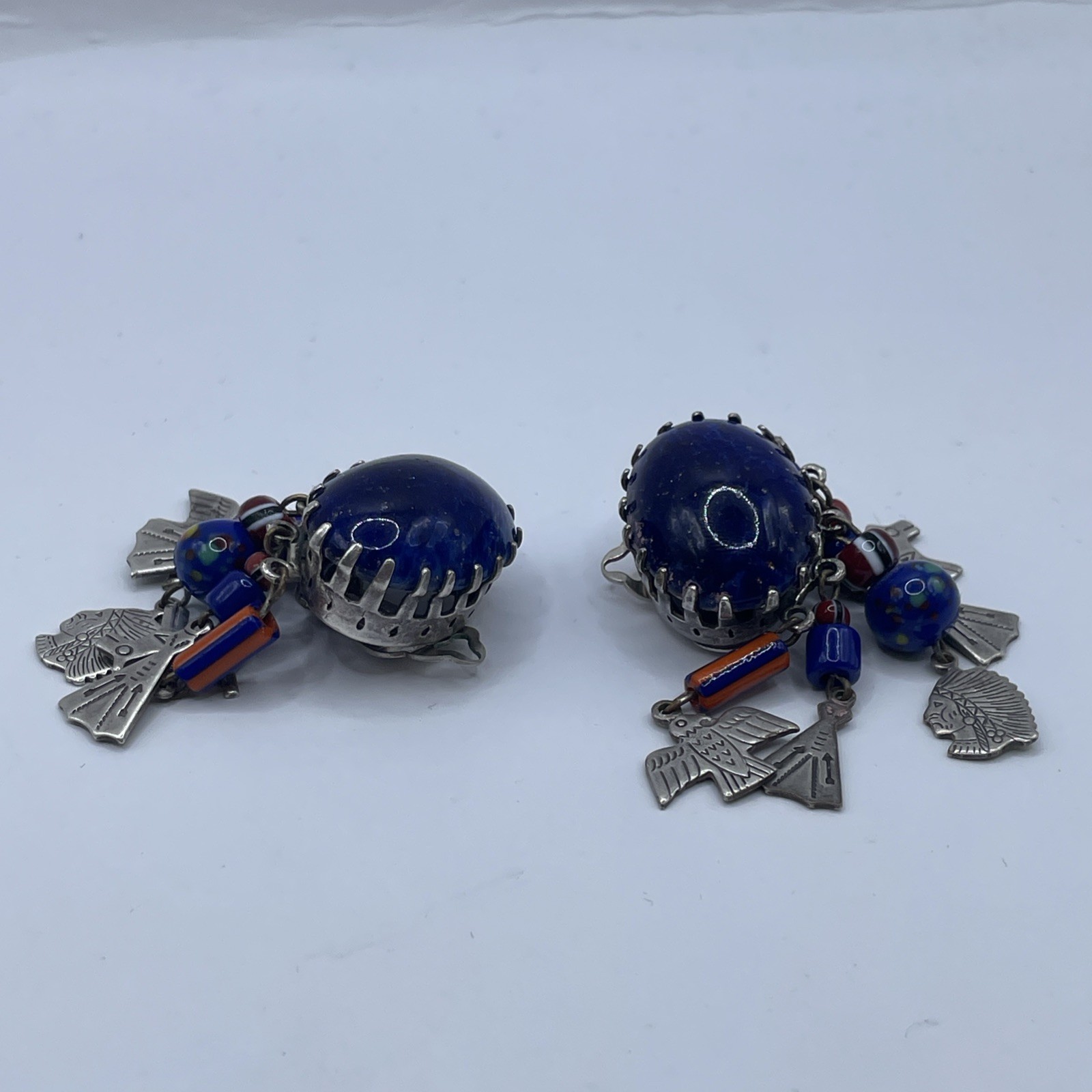 RARE Vintage Zoe Coste Indian Lapis Clip Earrings 1980’s Made In France Designer