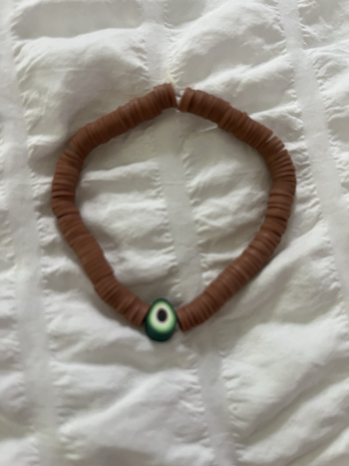 Brown Polymer Clay Round Beaded Stretch Slip-On Bracelet w/ Evil Eye Bead Charm