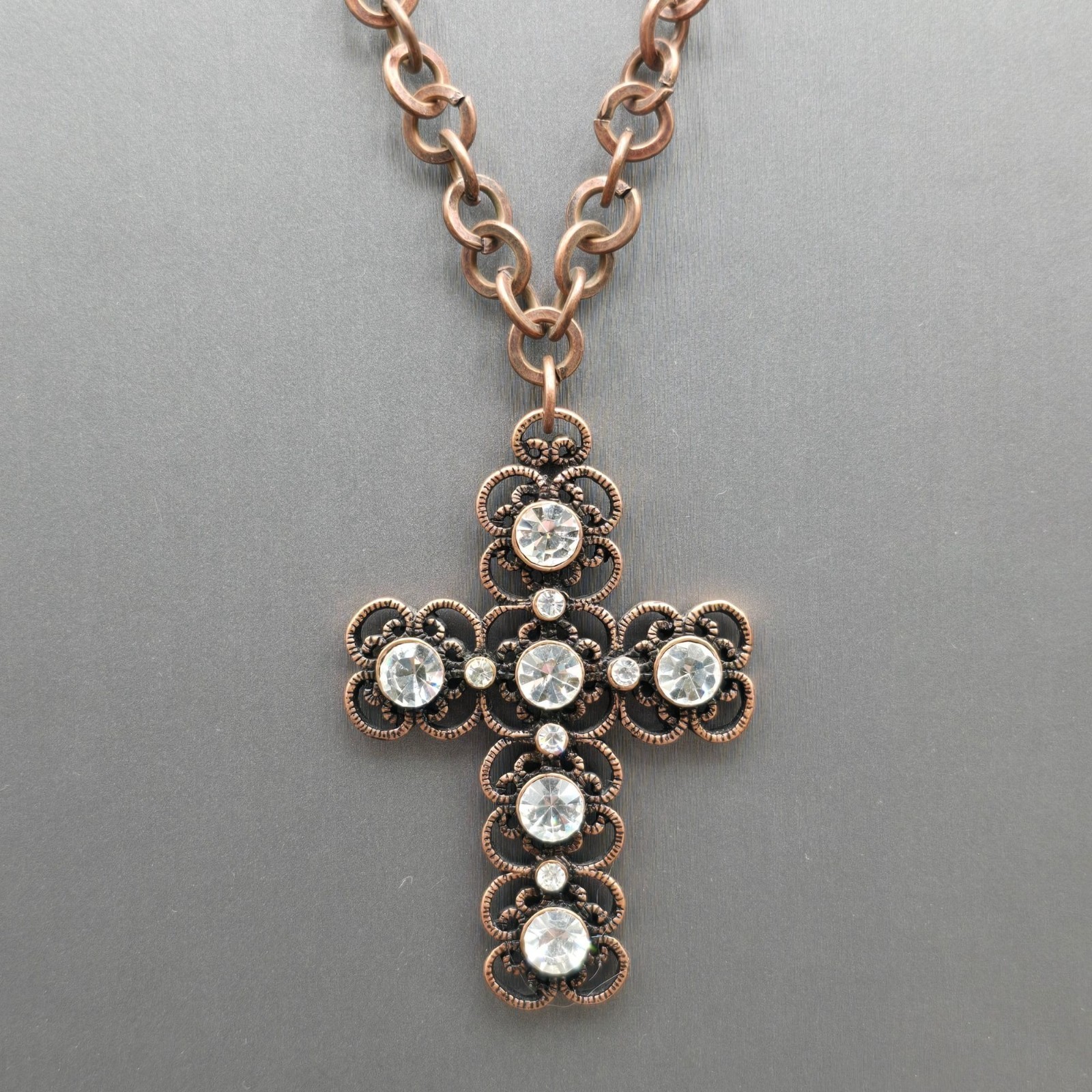 Etruscan Revival Copper Plated Stainless Steel Cross Pendant Necklace Rhinestone
