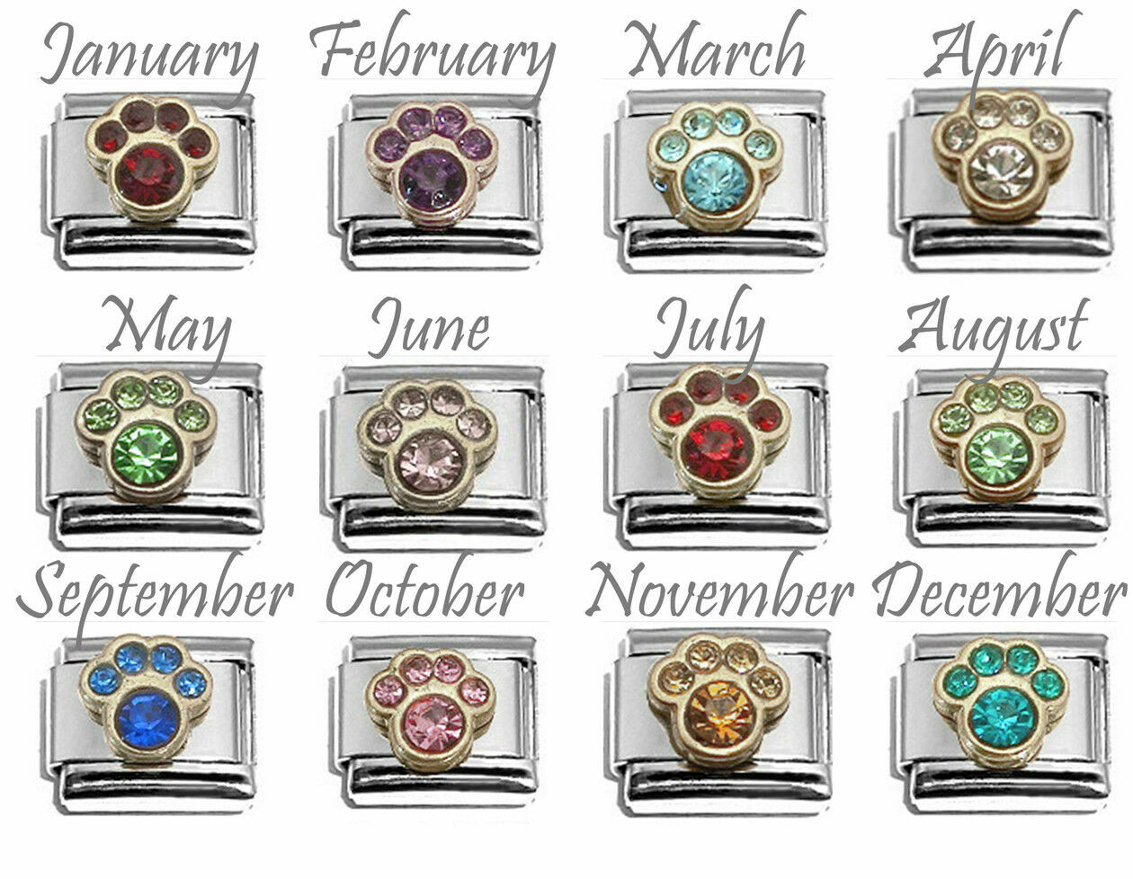Birthstone Dog Cat Paw Print CZ 9mm Italian Charm Stainless Steel Modular Link