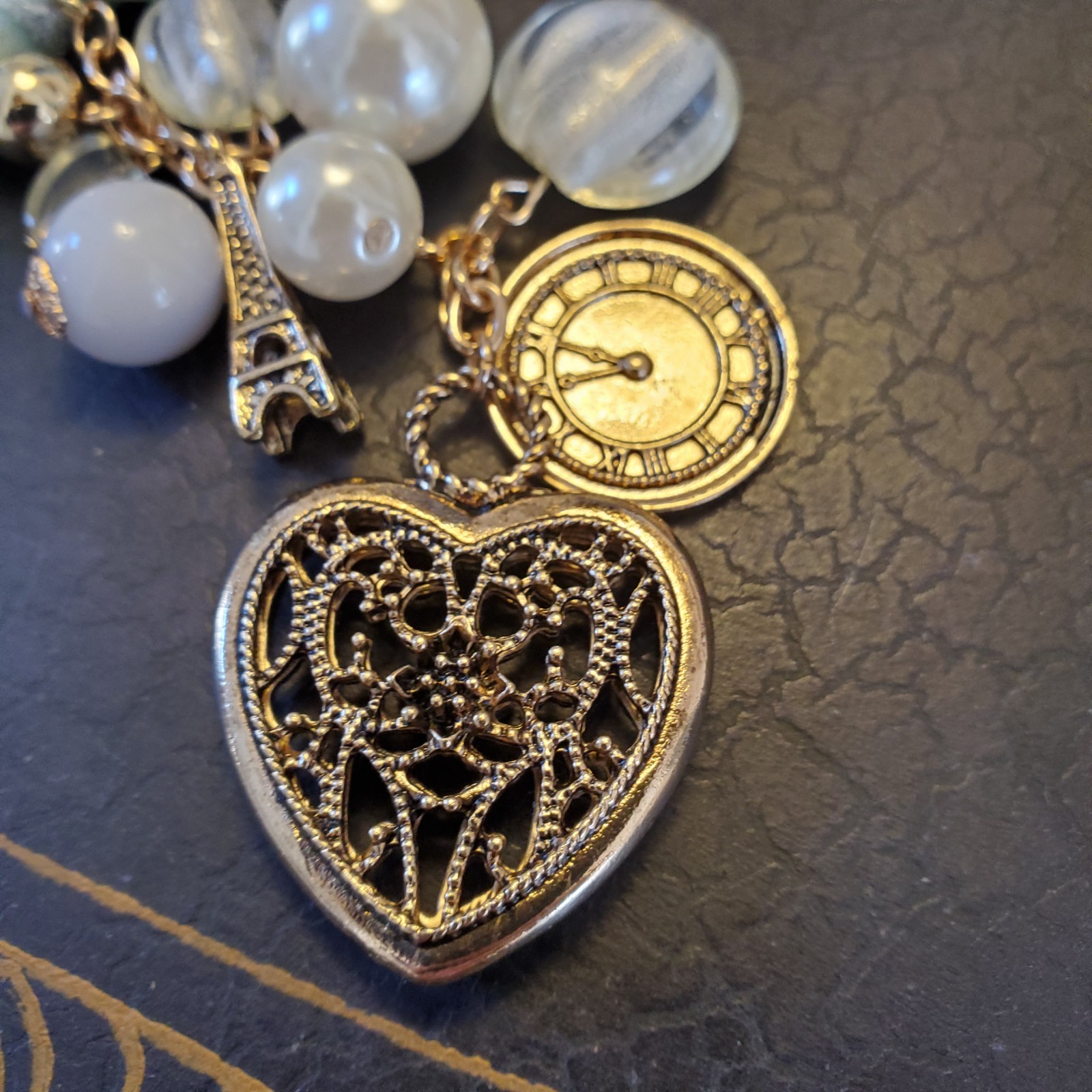 Paris Icons Long Necklace Goldtone – Musee d’Orsay Clock & Eiffel Tower – Heart