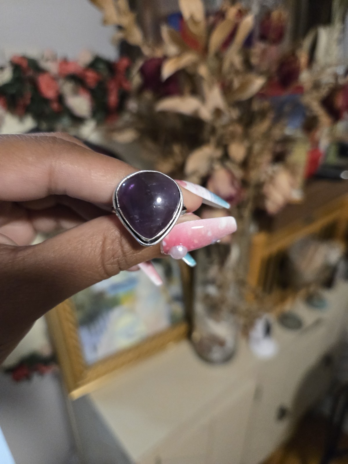 Nwob Made In India Womens Amethyst Large Unique Chunky Silver Ring Sz 9.5