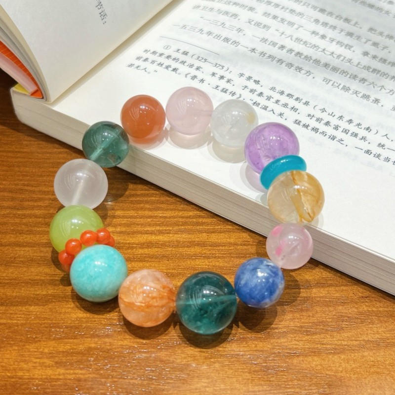 13mm Natural Fluorite blue crystal rose quartz sprpentine jade Handmade Bracelet