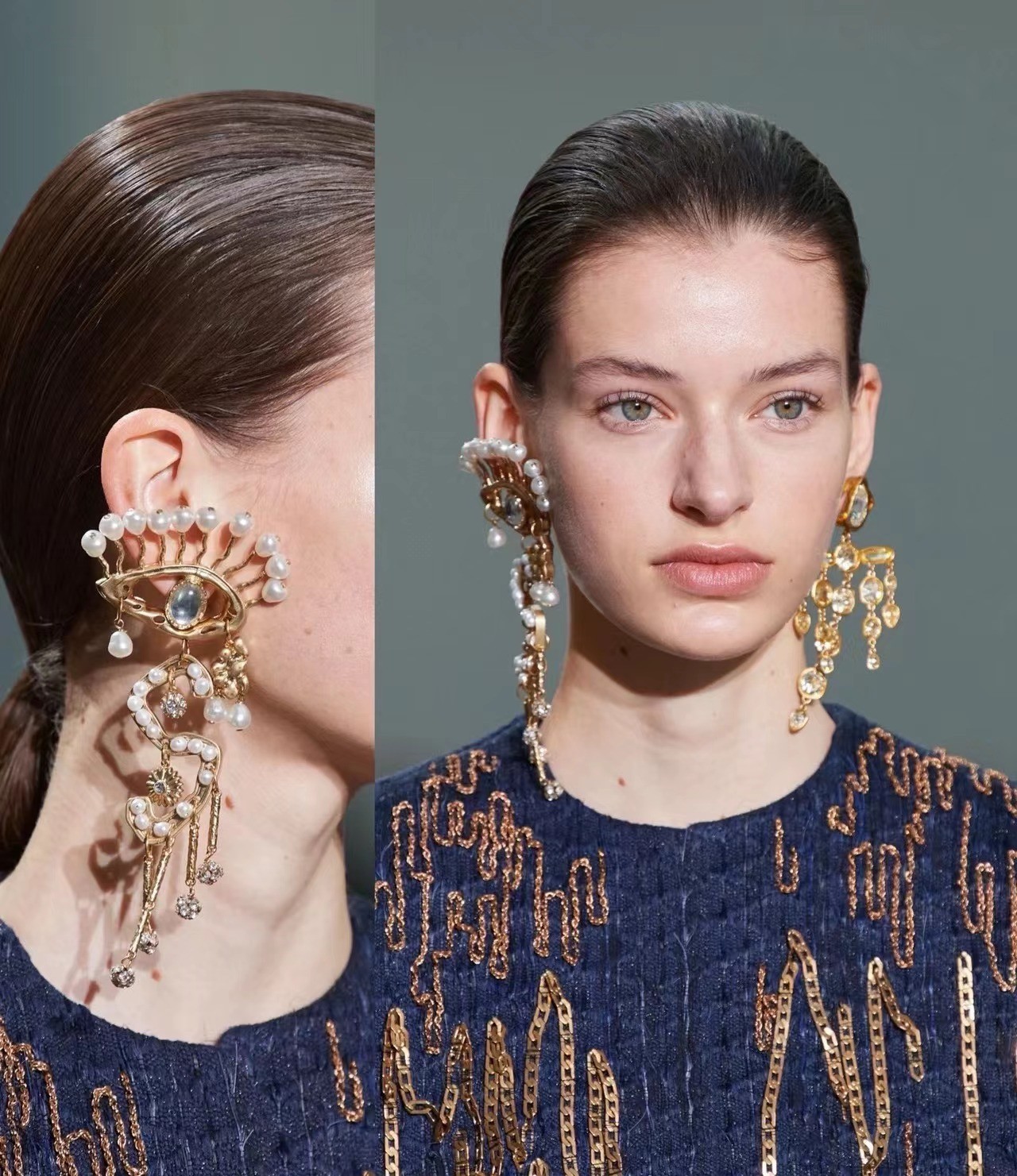 AUTHENTIC Super High Quality Schiaparelli Tassel Rhinestone Pearl Gold Earrings