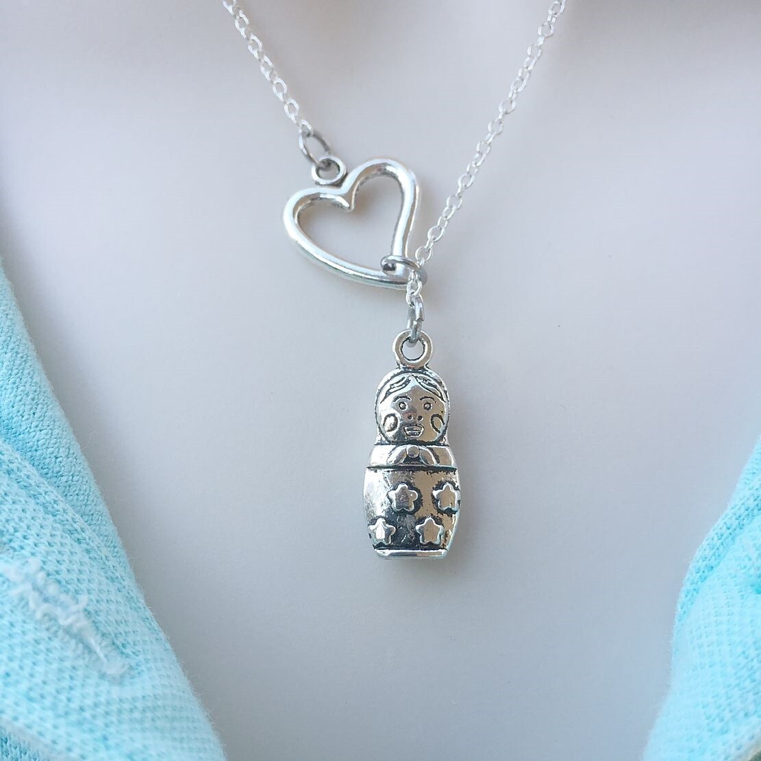 Russian Matryoshka Doll Silver Lariat Y Necklace.
