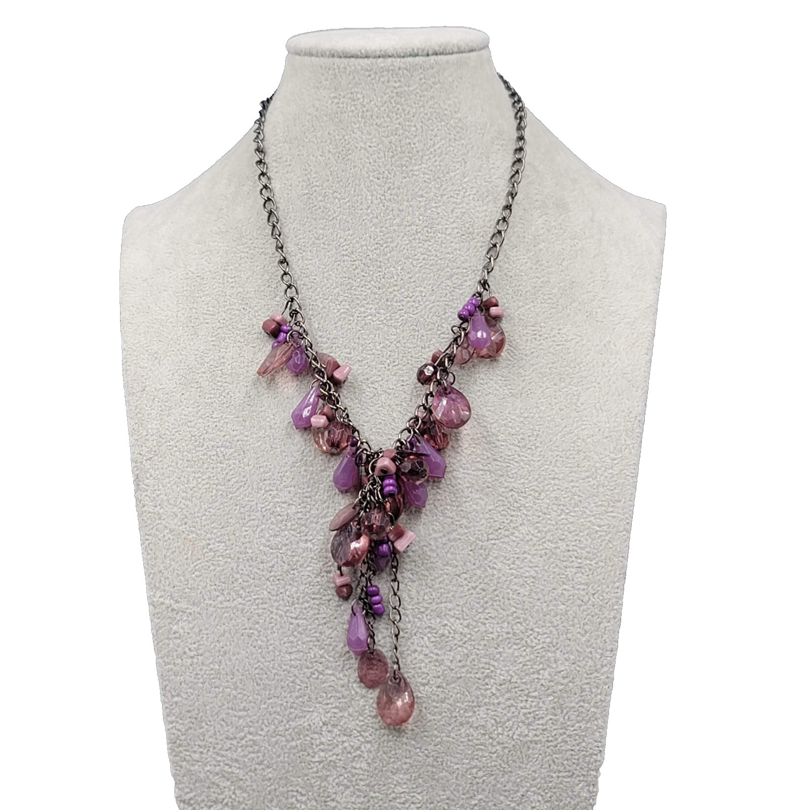 Y Drop Purple Beaded Necklace Gun Metal Black Chain 18″ Adj