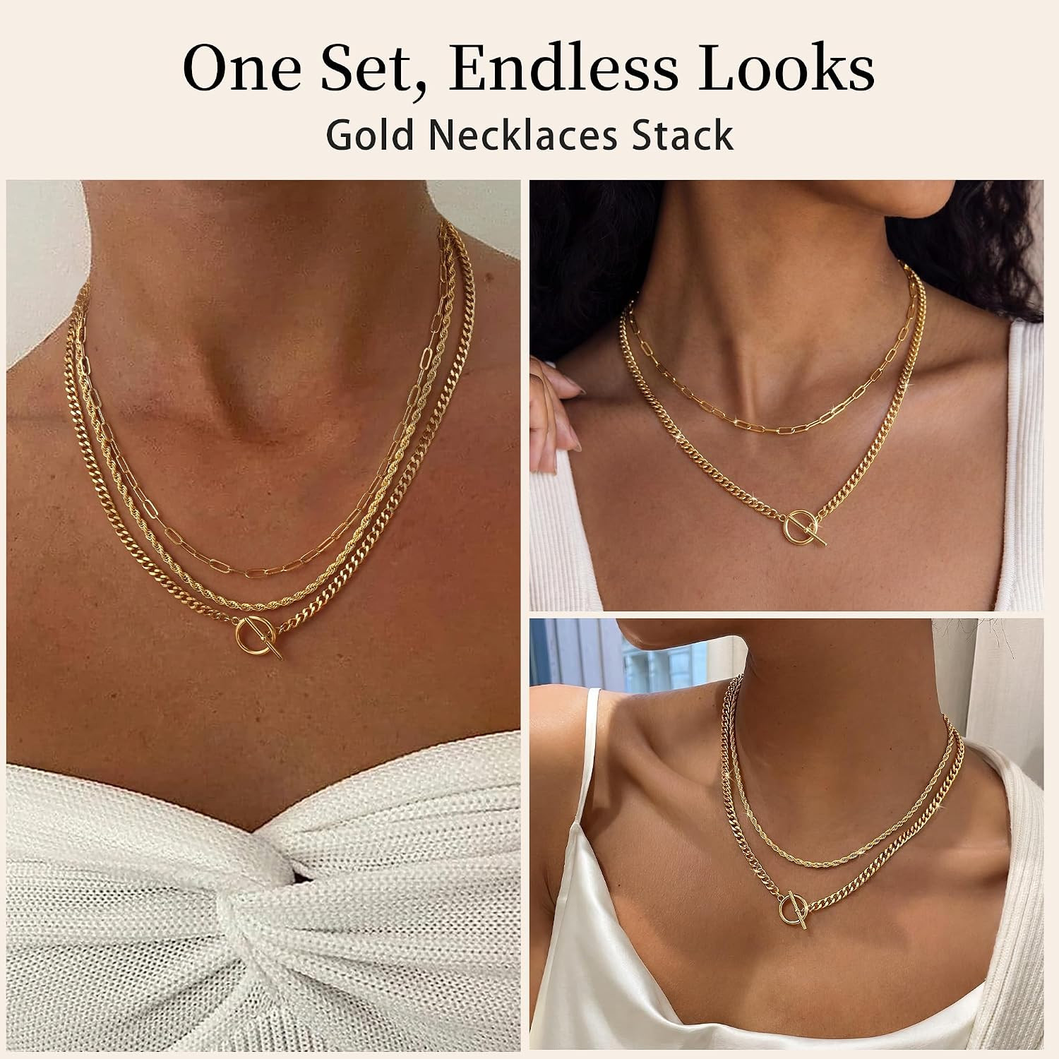 Layered Necklaces for Women – 14K Gold Plated Stack Necklace Paperclip Rope Cuba