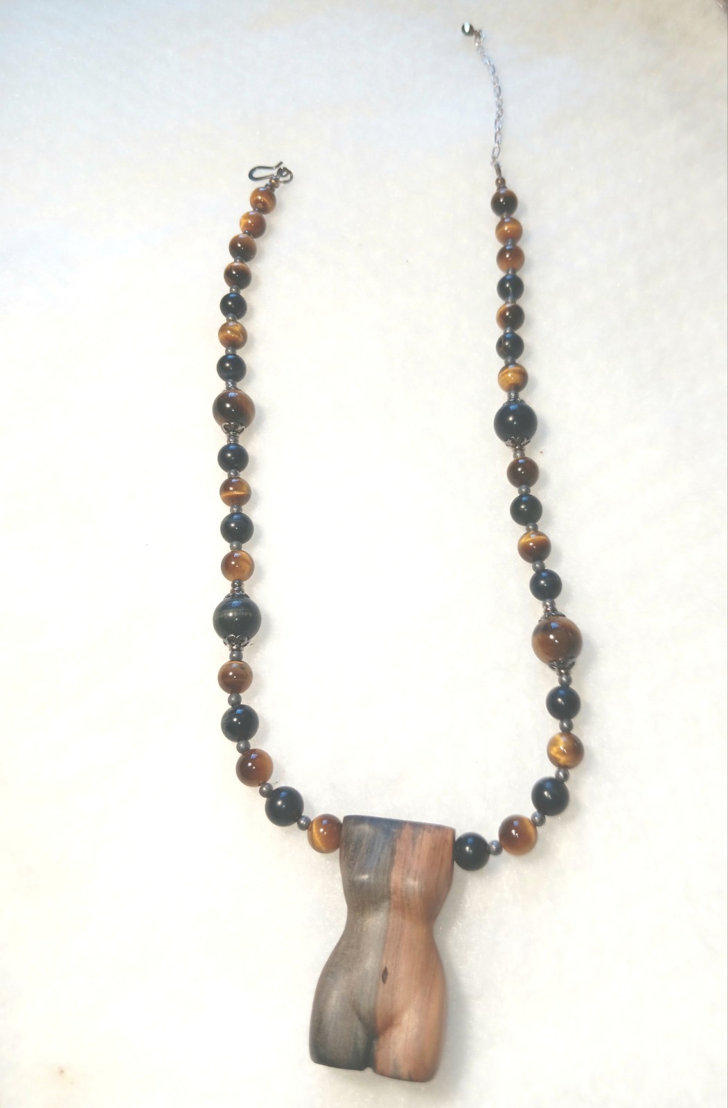 Blue & Gold Tiger Eye Beaded Necklace With Hand Carved Wood Nude Pendant