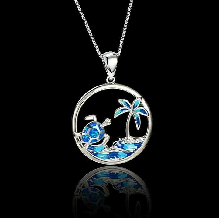 Blue Opalesque Palm Tree & SEA TURTLE 7/8″ Pendant Necklace 17″ Chain