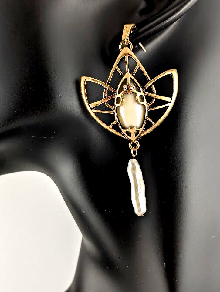 ART DECO LOTUS EARRINGS brass real keshi pearl nouveau geometric flower white V5