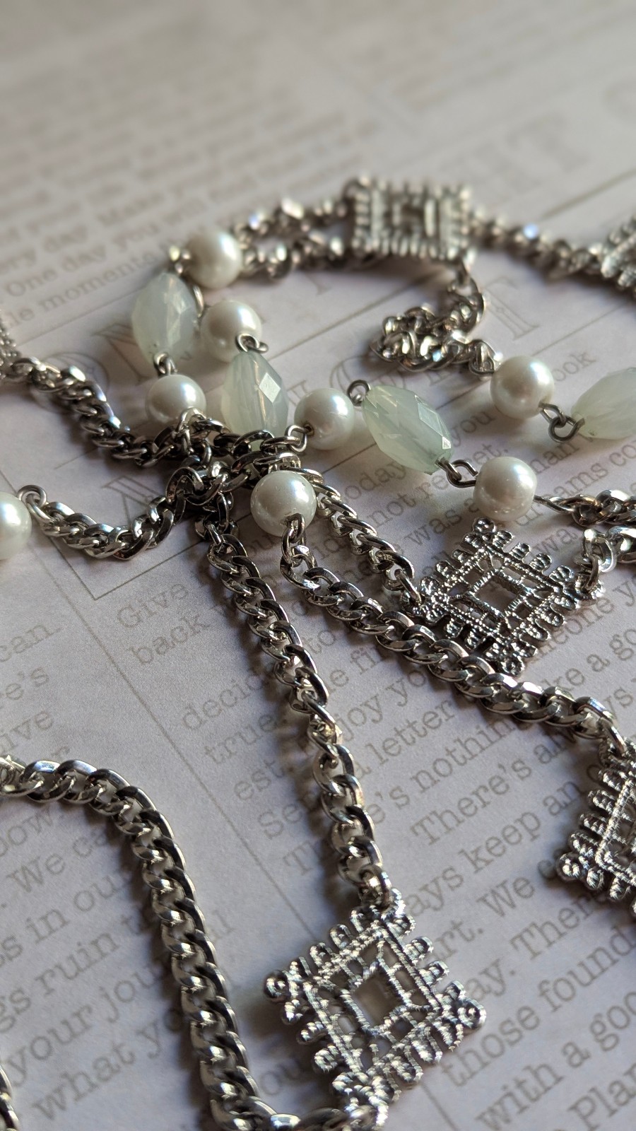 Silver Tone 2 Strand Long Necklace Faux Pearl White Beads Geometric Station 32″