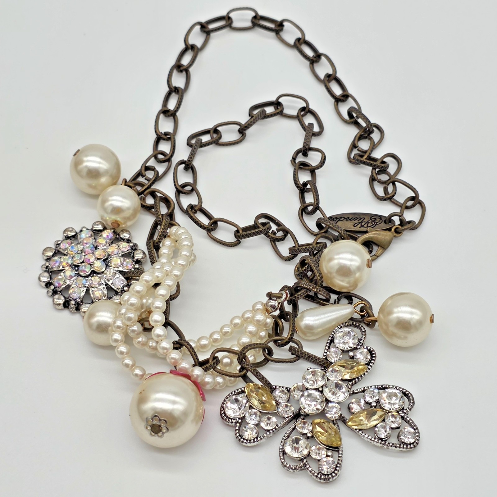 Plunder Antique Bronze Necklace Pearl Wrap & Crystal Butterfly Charms 20”