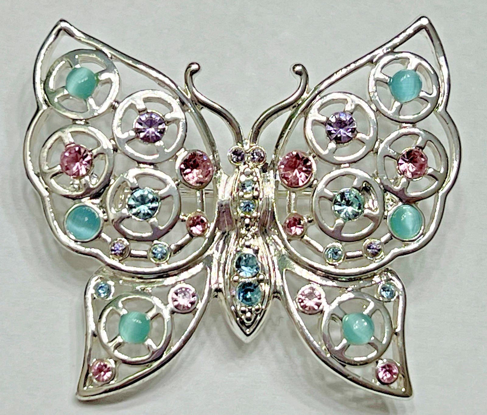 Vintage Crystal Rhinestone Butterfly Brooch Pin Glass Estate Pink Blue Purple US