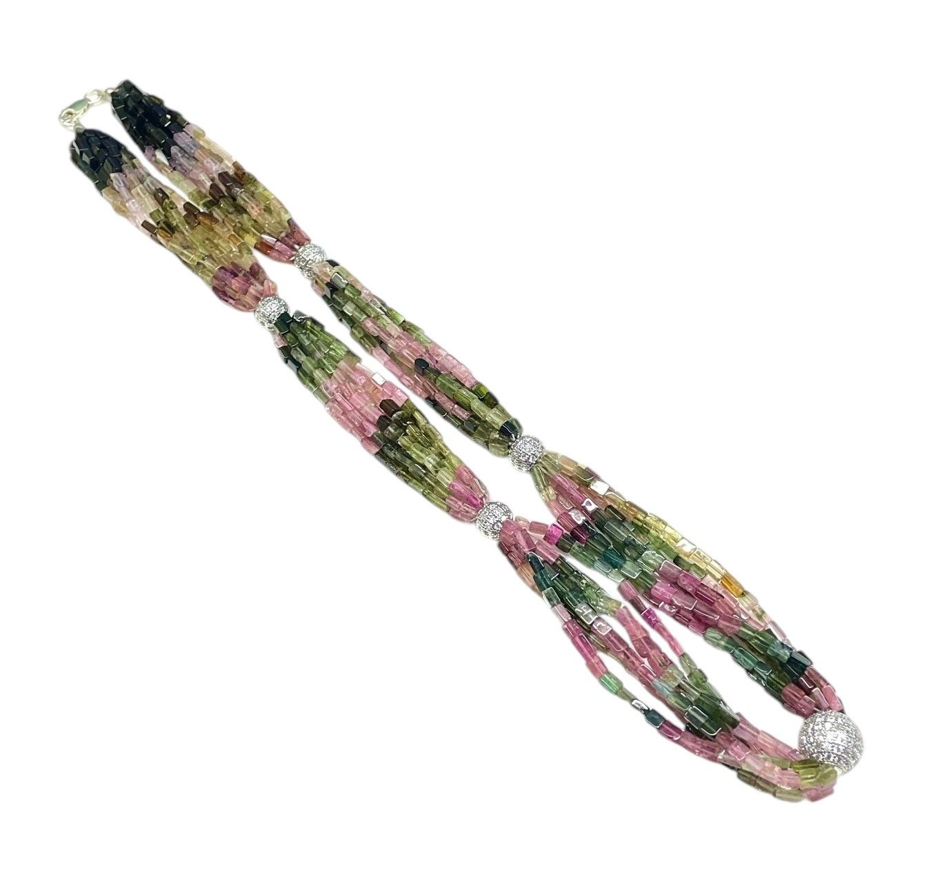 7 Strands Natural Multi Tourmaline Octagon Beads Boutique Necklace 925 Clasp