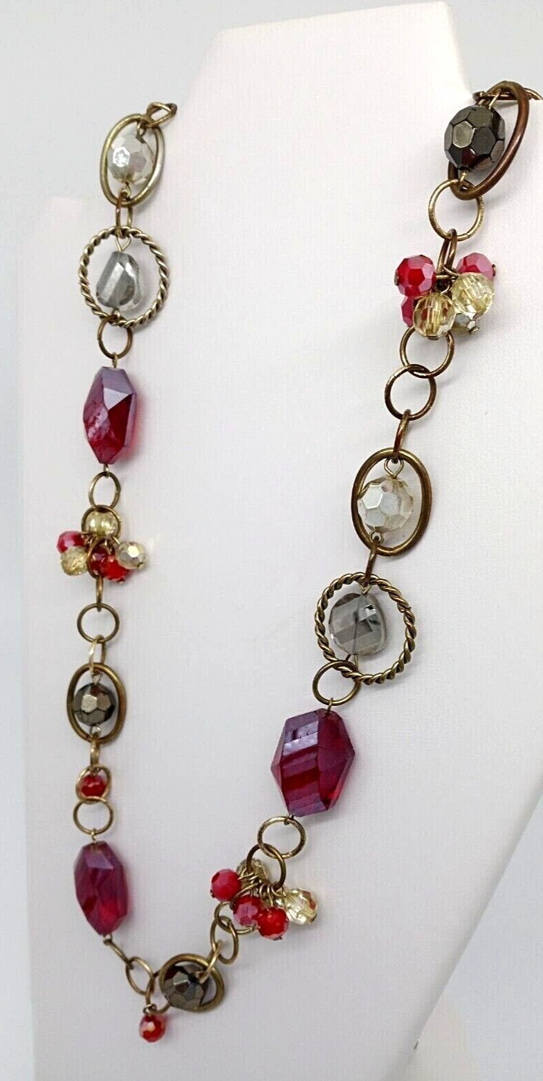 Ruby Red Beaded Necklace Faceted Gold Metal Rings Chain Single Strand Sparkly!