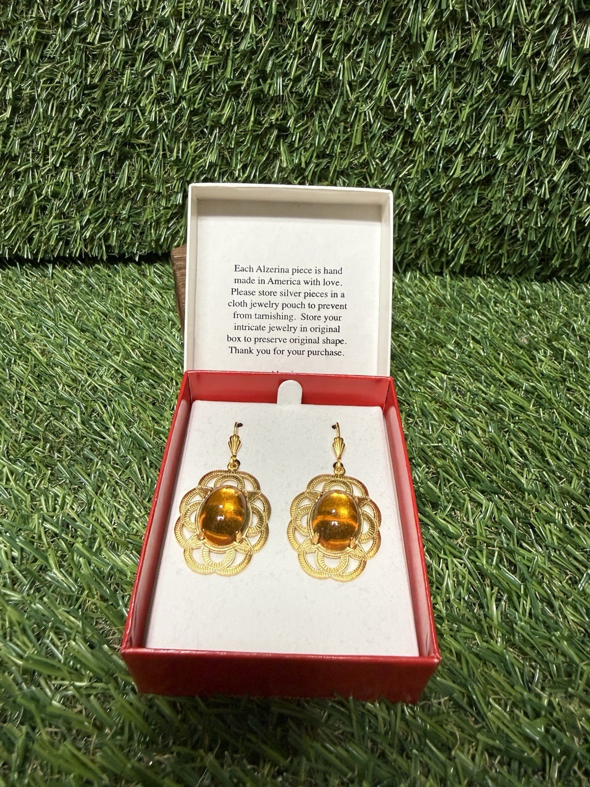 Alzi by Alzerina Gold Tone Amber Drop Earrings Handmade New in Gift Box