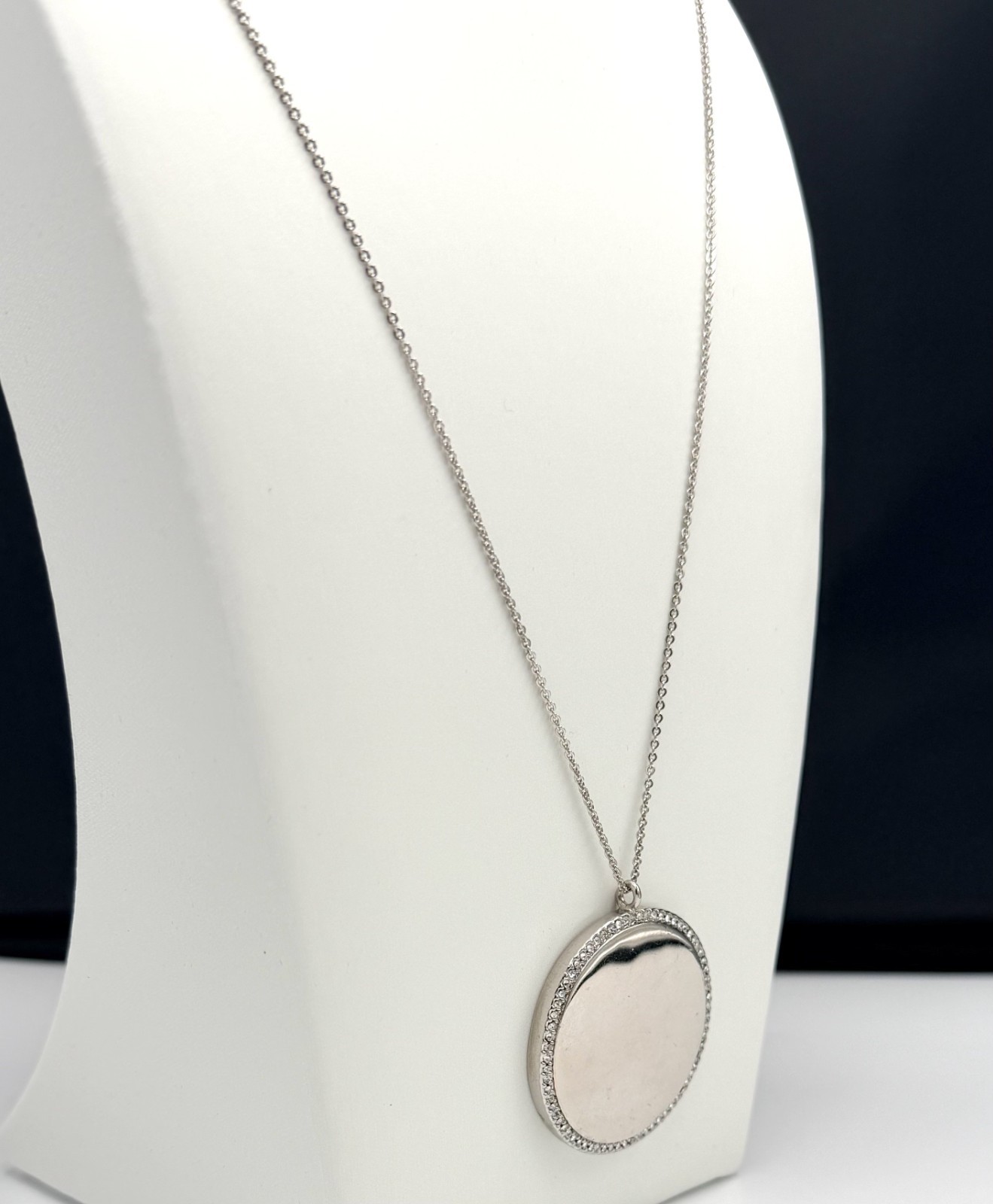 Vince Camuto Silver Tone Pave Crystal Disc Pendant Necklace 34″ NWT