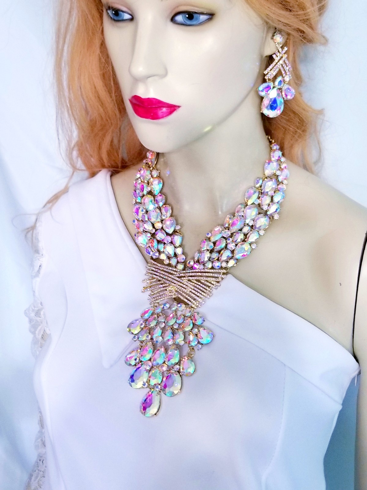 AB Iridescent X Large Necklace Choker Earring Set Rhinestone Crystal Drag