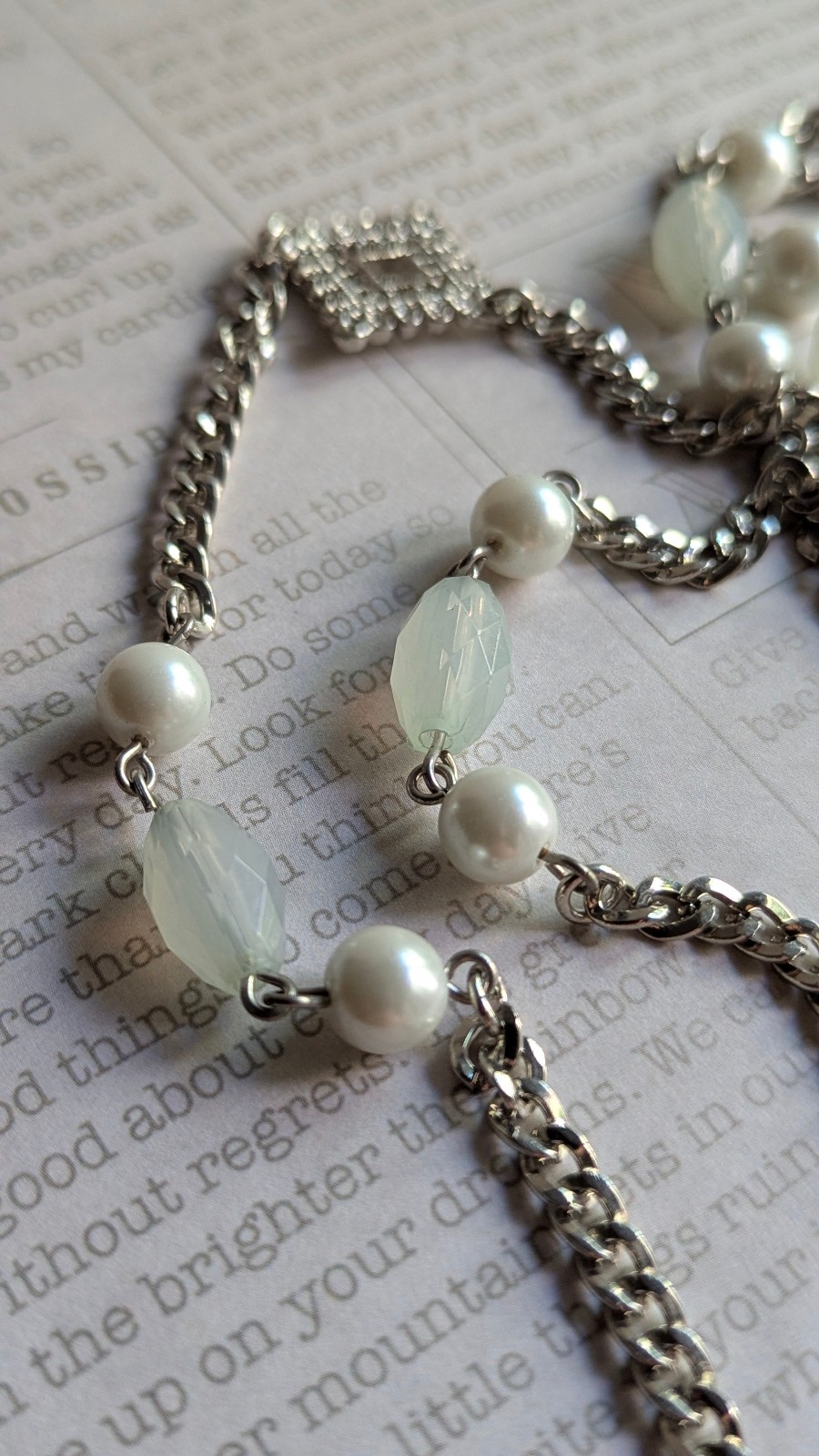 Silver Tone 2 Strand Long Necklace Faux Pearl White Beads Geometric Station 32″