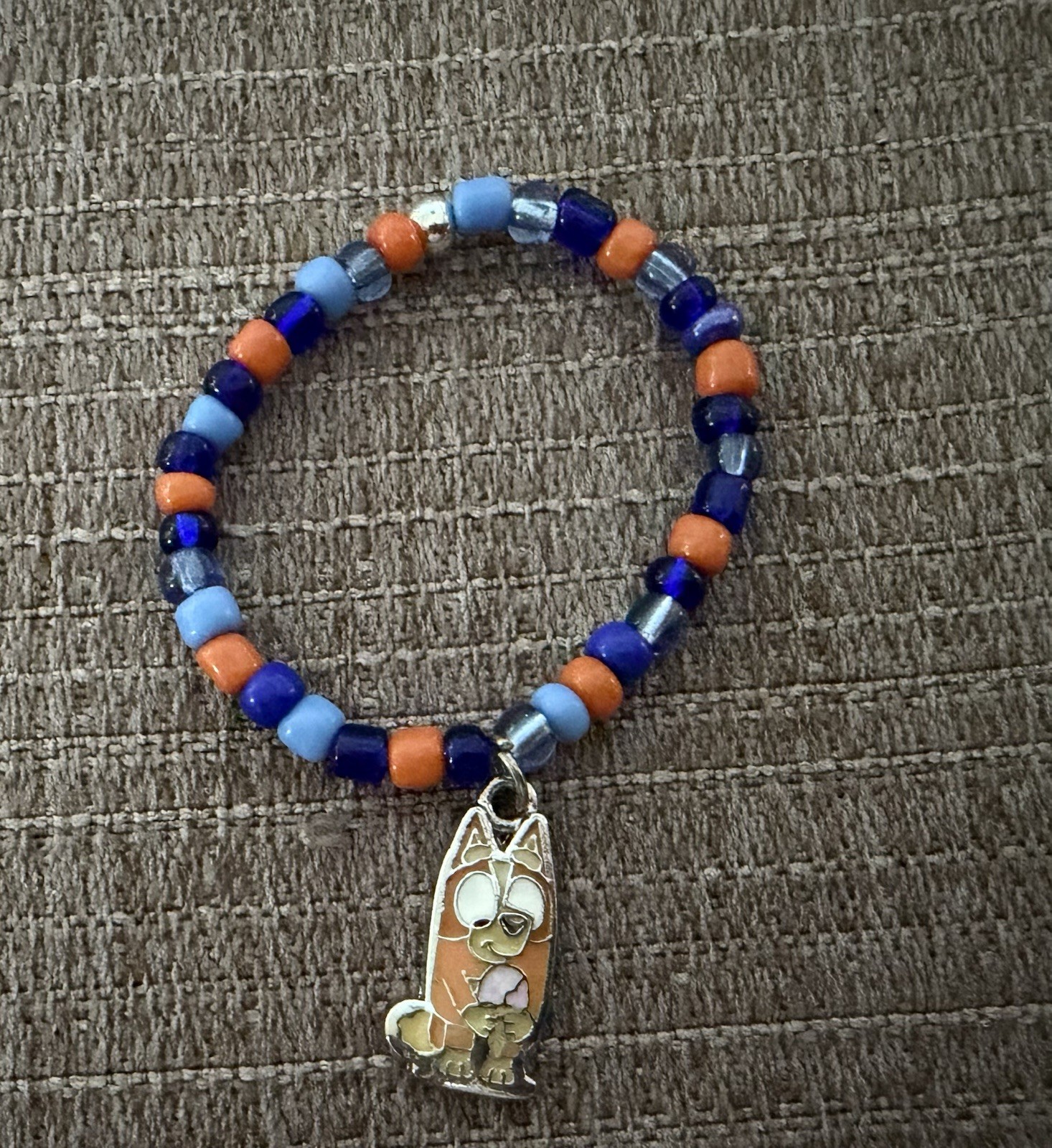 Blue & Orange Plastic Beaded Stretch Bracelet with Round Dangle Charm