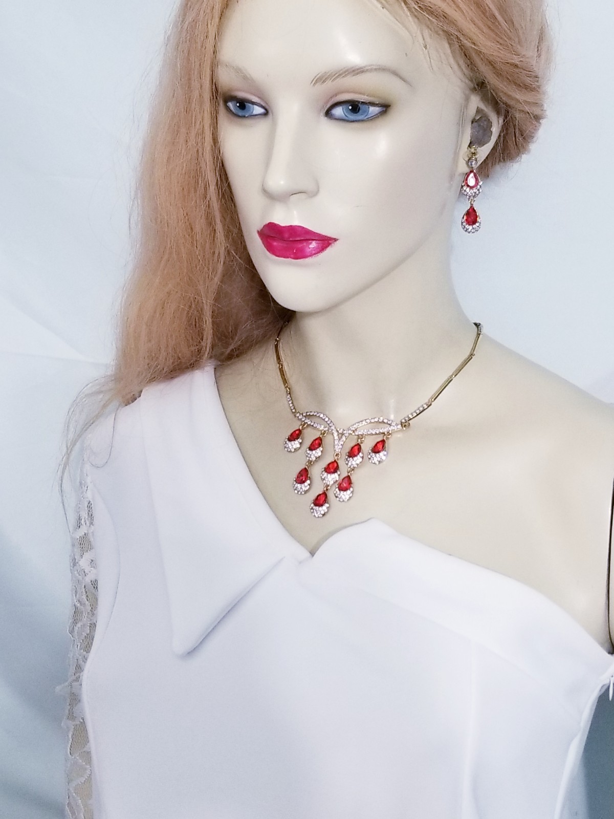 Necklace Earring Set Rhinestone Austrian Crystal Red Bridal Prom Jewelry