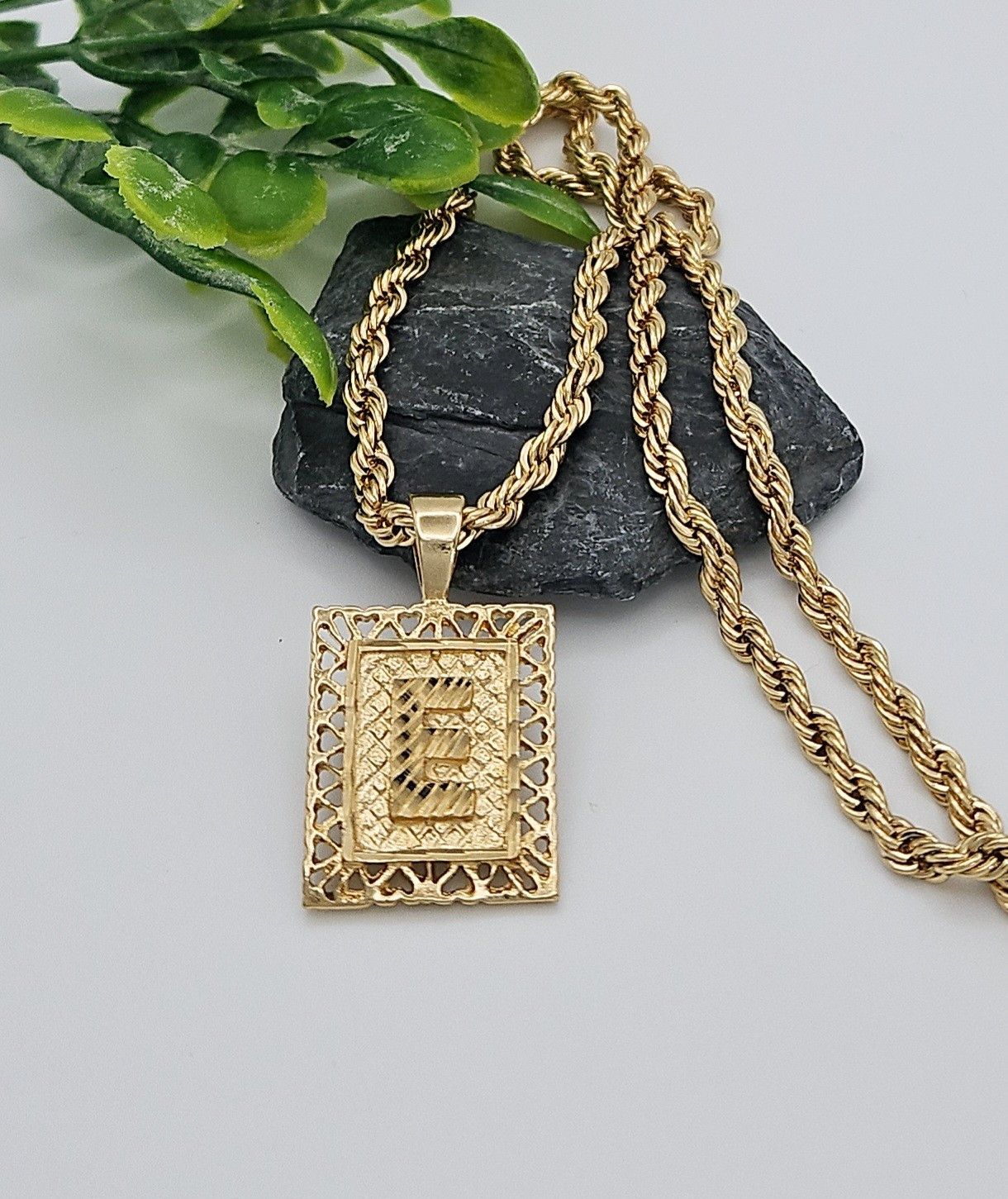 Gold Square Initial Necklace, 3mm Rope Chain, 14k Heavy Plated