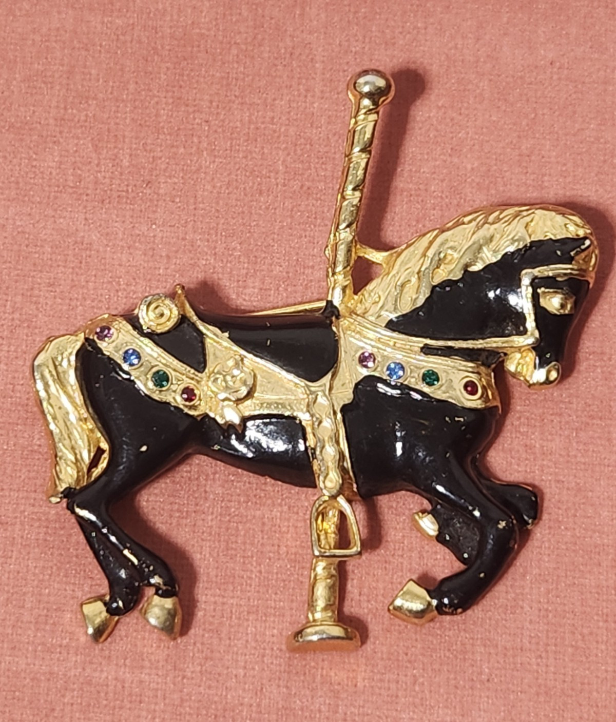 Black Gold Tone Enamel Carousel Horse Brooch Pin, 8 Multicolor Rhinestones