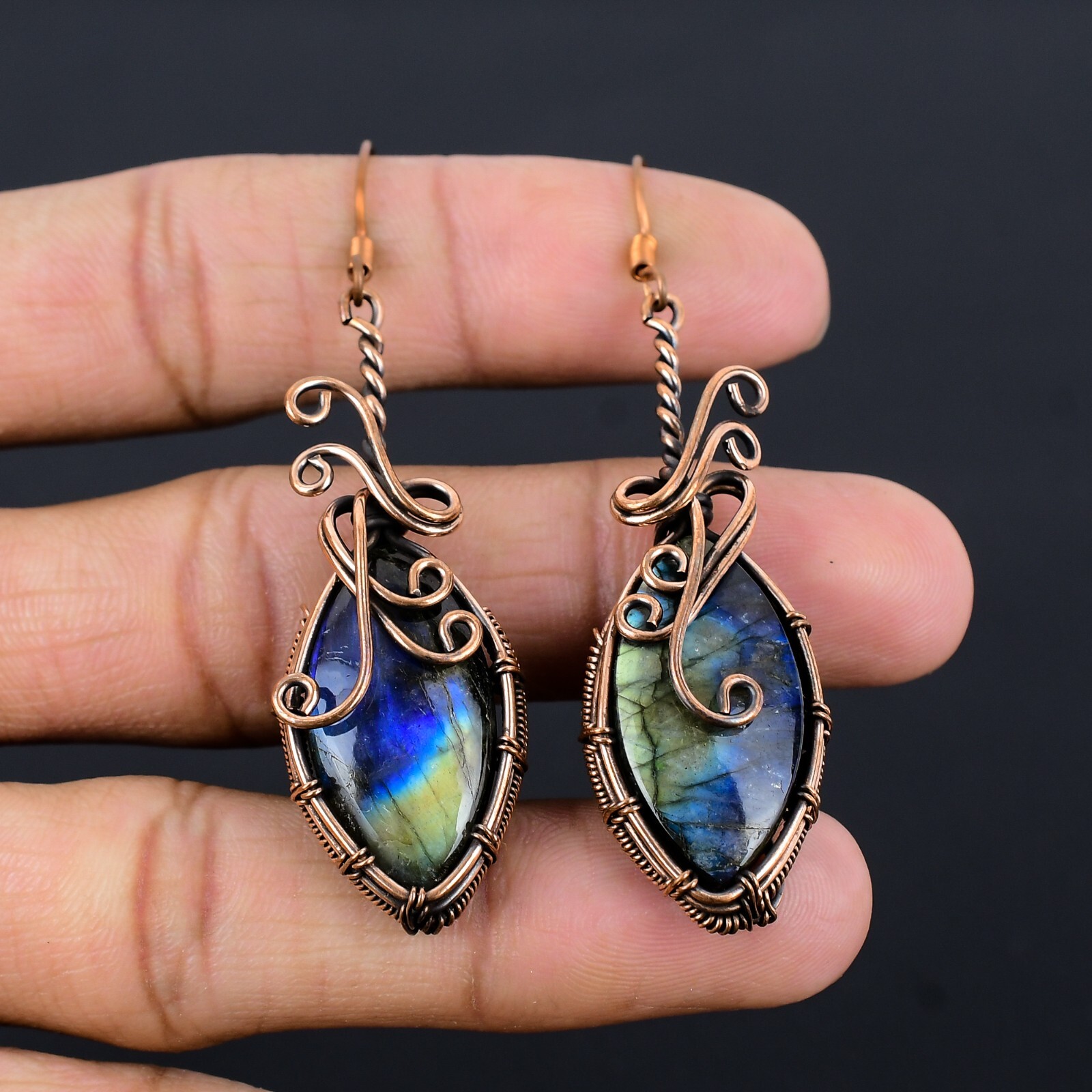 Amazing Labradorite Earrings Gemstone Copper Wire Wrap Handmade Gift For Woman